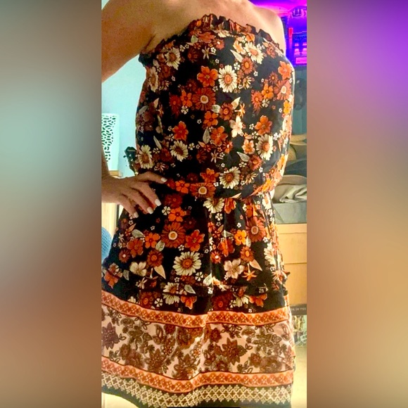 Floral Print Tube, Orange, Black, Country Western, Boho Hippie Dress, Sz XL - Picture 4 of 5